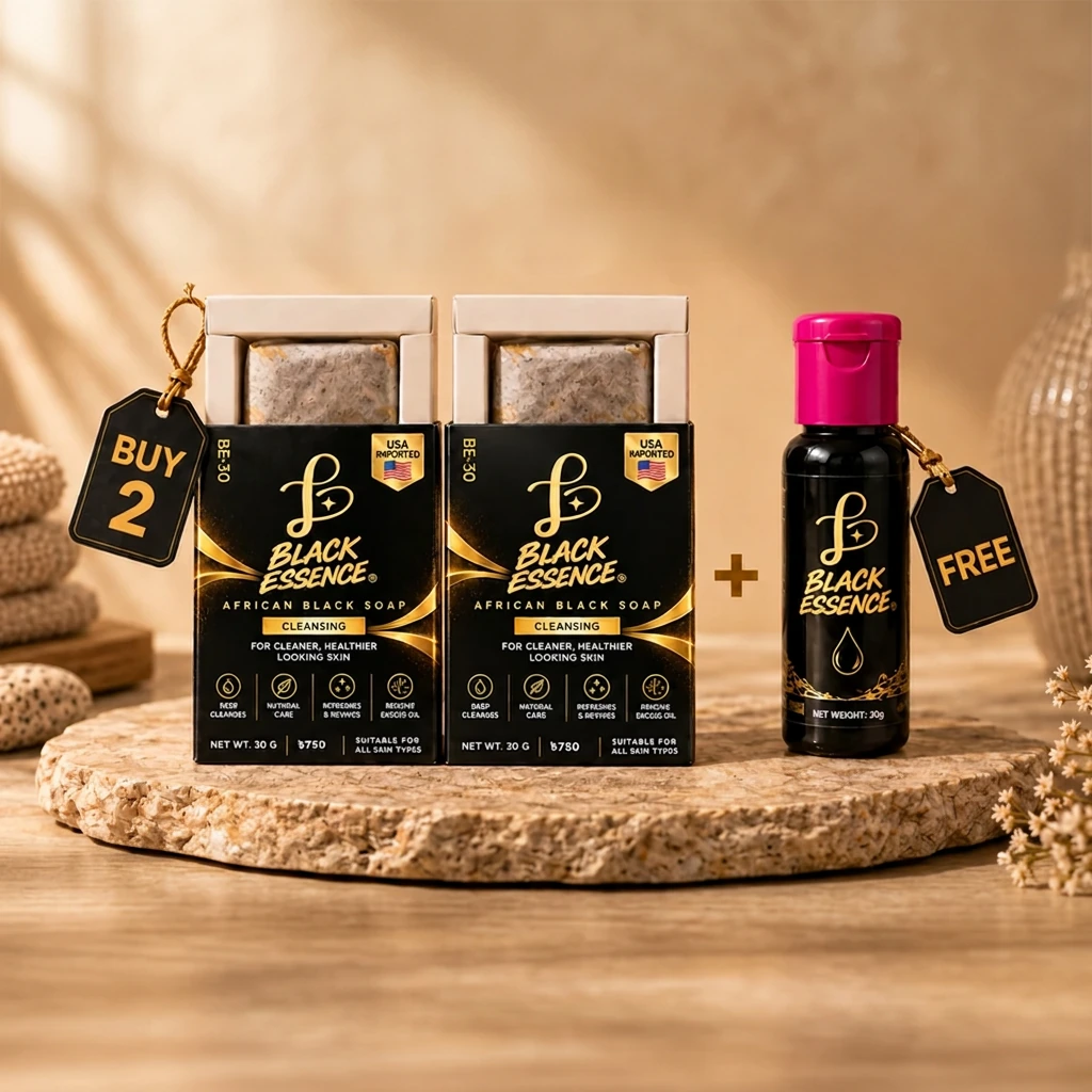 Two Black Essence solid soaps with a free liquid soap combo